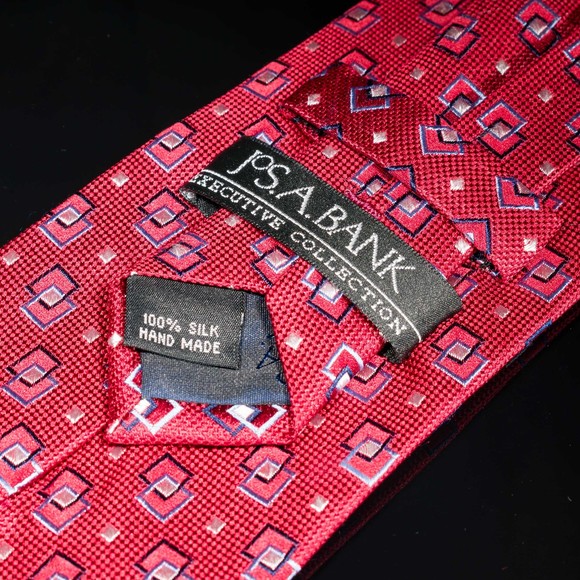 Jos. A. Bank 100% Silk Tie Red Blue Geometric Mens Designer Necktie - Picture 2 of 4